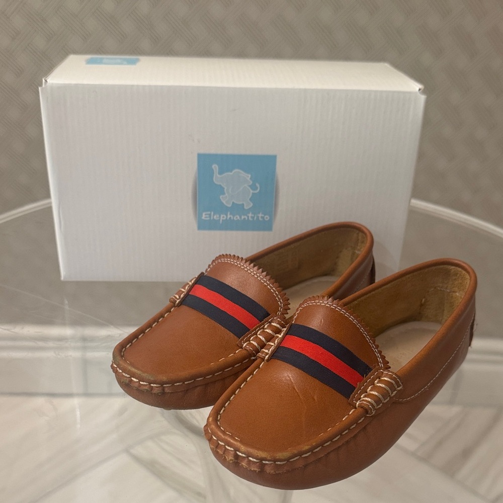 Elephantito Brown Moccasins with Red and Blue Stripes